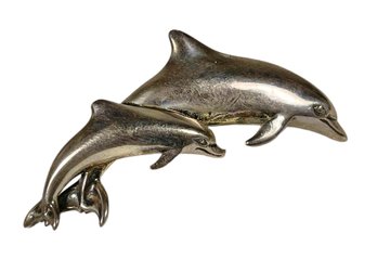 Vintage Heavy Sterling Silver Double Dolphin Brooch Pin