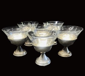 Six Vintage Sterling Silver Base And Etched Glass Sherbet Glasses