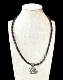 Vintage Hematite Beads With Bird Pendant Necklace