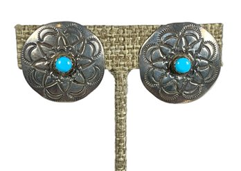 Vintage Southwestern Sterling Silver Turquoise Pierced Earrings