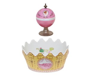 Pink Opaline Pedestal Casket Porcelain  And Asiatides  Jaune Large Crown Handpainted  Lion Oval Cachepot