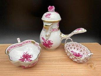 Herend Hungary - Three Hand Painted Chinese Raspberry Boquete ,small Pieces Of China.