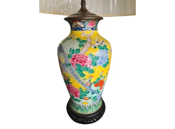 Yellow Floral Chinoiserie Enamel Porcelain Urn Lamp With Ebonized Wood Base