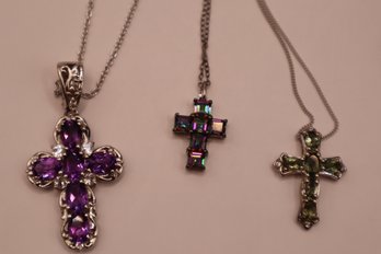 (3) 925 Sterling With Semi-Precious Stone/Crystals Cross Pendants On 925 Chains All Marked 925