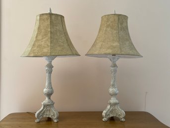 Pair Of Distressed Finish White Lamps