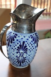 Silver Top Hand Painted Talavera Pitcher 9.5in
