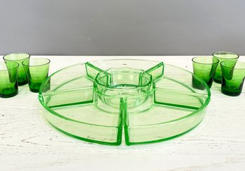 Antique Green Depression Glass Appetizer Set And Shot Glasses