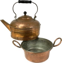 Two Pieces Of Vintage Copper Wares - Over-Sized Kettle & Handled Pot