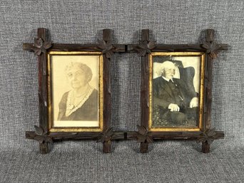 A Great Pair Of Ancestral Portraits In Rustic Wood Frames