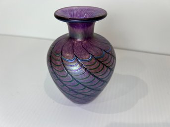Purple & Blue Iridescent Feather Pull Art Glass Vase