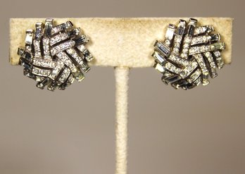 Fine Signed TRIFARI Rhodium Plated White Rhinestone Clip Earrings