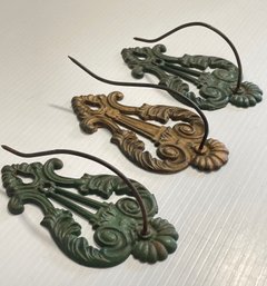 Vintage Set Of Three Ornate Cast Iron Green And Gold Hat Hooks