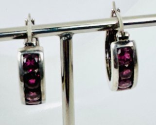 VINTAGE STERLING SILVER AND GARNET HOOP EARRINGS