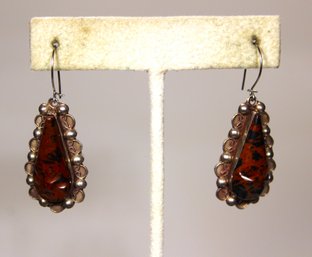 Pair Fine Vintage Mexican Sterling Silver Red And Black Agate Stone Pierced Earrings