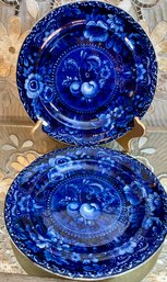 Pair Of Antique Blue & White Fruits And Flowers STUBBS KENT Transferware Plates