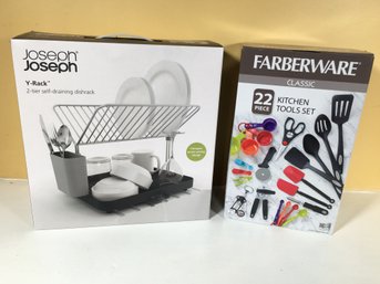 Two Brand New Items FARBERWARE 22 Piece Kitchen Tool Set And Joseph Joseph Y Rack For Draining / Washing !