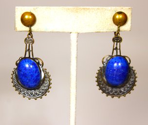 Early Art Deco Czech. Brass And Glass Drop Screw Back Earrings Lapis Glass Stones