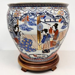 A Large, Vintage Chinese Urn On Carved Wood Base