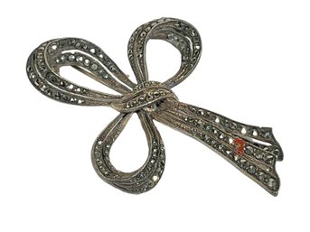 Vintage Sterling Silver Bow Formed Brooch Marcasite Stones