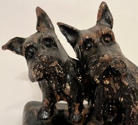 Antique Vintage Cast Iron Door Stop - Pair Two Black Scottie Dogs - Scottish Terrier - 8.5 X 2.75 X 5 7/8 H