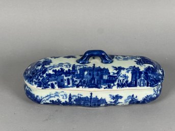 Vintage Victoria Ware Flow Blue Stoneware Lidded Trinket Dish