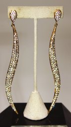 Large Vintage Gold Tone White Rhinestone Elongated Pierced Earrings Evening Wear