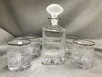 Fantastic RARE New England Patriots Liquor Set - (4) Etched & Decanter With Frosted Football Shaped Stopper