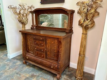 Antique Tiger Oak Sideboard With Mirror