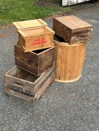 Four Wooden Boxes And One Wooden Barrel,