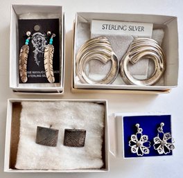 4 Pairs New In Box Sterling Silver Earrings: Navajo Feathers, Mexican & Some Vintage