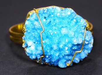 Large Blue Azurite Geode Stone Gold Tone Cuff Bracelet