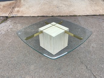 1970s Artedi Style Travertine Glass And Brass Coffee Table