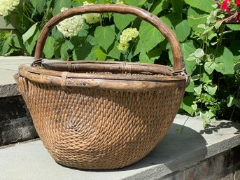 Large Antique Chinese Woven Willow Basket With Bamboo Handle