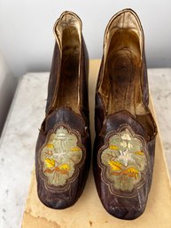 Antique Victorian Era Leather Shoes With Hand-embroidered Toe Panels