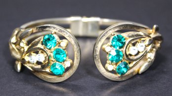 Unsigned Coro Rhinestone Clamper Bracelet Hinged Cuff Green White Stones