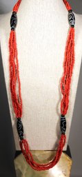 Fine Red Orange Beaded Necklace Having Art Pottery Spacers