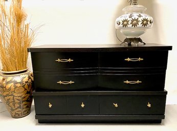 Vintage MCM 6 Drawer Paint Decorated Starfire Dresser W/ Original Hardware By Bassett