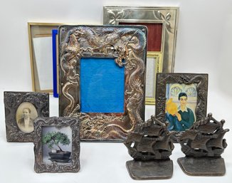 7 Metal Frames, Some Vintage With Asian Dragons & Set Ship Bookends