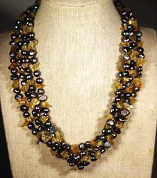 Multi Strand Necklace Having Genuine Pearls And Citrine Shard Beads