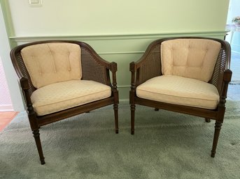Pair Of Mid Century Ethan Allen Wicker Back Arm Chairs.