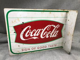 Very Nice Vintage Style Tin Coca Cola Flange Sign - Viewable From Both Sides - Nice Colors And Condtion