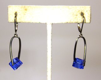 Pair Modernist Sterling Silver And Aqua Blue Glass Cube Pierced Drop Earrings