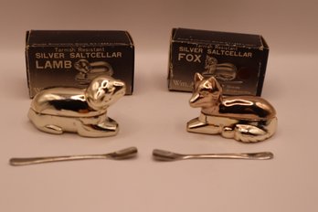 Wm. A. Rogers Silverplate Saltcellars With Original Packaging And Little Spoons From G. Fox, Lamb And Fox