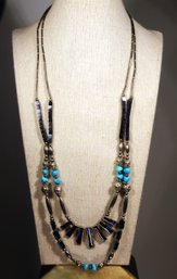 Designer Hematite, Turquoise And Enamel Double Strand Necklace Longest 26'