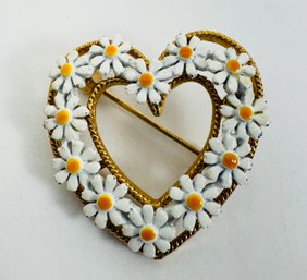 VINTAGE GOLD TONE ENAMELED DAISY HEART BROOCH