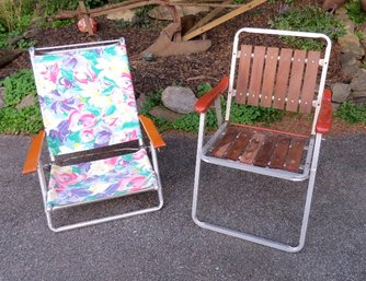 Pair Of Vintage Folding Chairs - MCM Aluminum Box Channel Slat Chair And Vintage Alum Folding Beach Chair