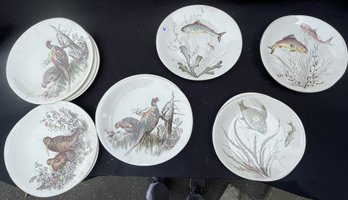 JOHNSON BROTHERS GAME BIRDS PLATES AND FISH PLATES, 14 PIECES TOTAL