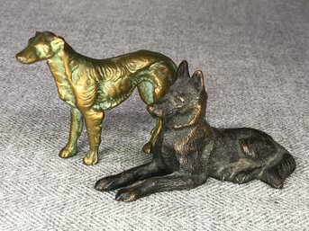 Fantastic Vintage / Antique Bronze Dogs - German Shepard & Borzoi Greyhound - Great Patina On Both - WOW !