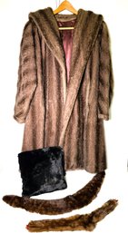 Faux Fur Coat Accompanied By Real Fur Muff And Two Collar Pelts