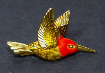 Signed MULTILAMA Gold Tone Red Enamel Humming Bird Brooch